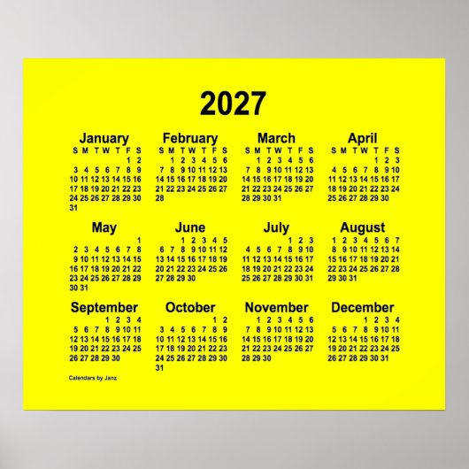 2027年 ヤンズプリントの黄色カレンダー ポスター (正面)