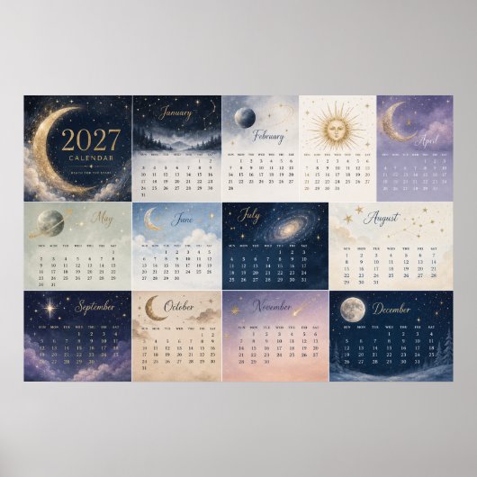 2027年 天体太陽と月の壁掛けカレンダー ポスター (正面)