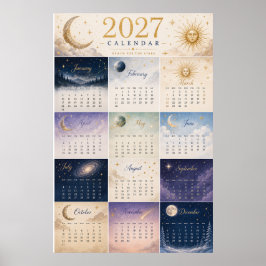 2027年 天体太陽と月の壁掛けカレンダー ポスター