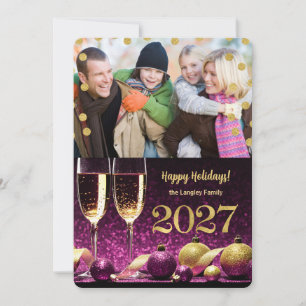2027年 新年のパープルとゴールドのシャンパンフォト シーズンカード