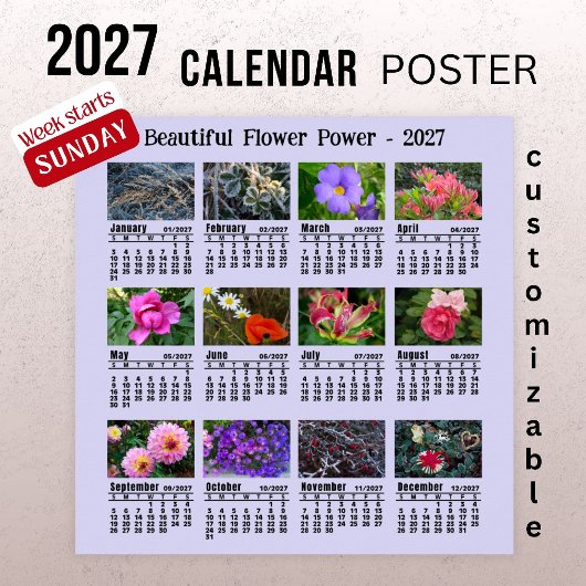 2027年 花の写真カレンダー - 日曜日始まり ポスター