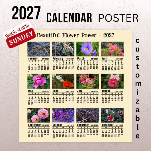 2027年 花の写真カレンダー - 日曜日始まり ポスター
