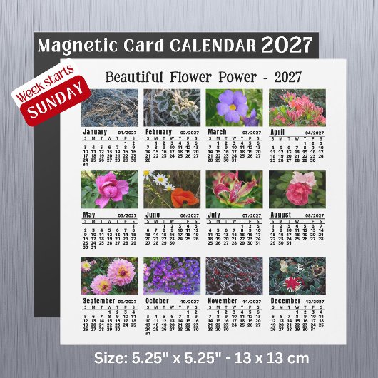 2027年 花の写真カレンダー 日曜日始まり マグネットカード
