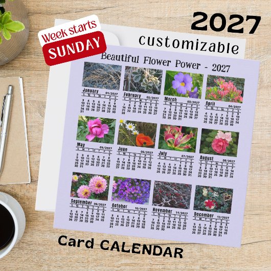 2027年 花の写真カレンダー 日曜日始まり 週表示 フラットカード