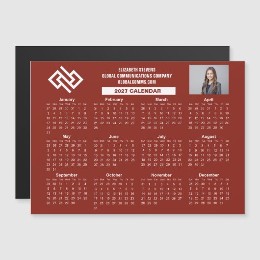 2027年 赤い会社カレンダー オーダーメイド ビジネス マグネット (正面/裏面)