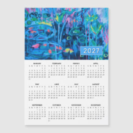 2027年 青い花の抽象画 マグネットカレンダー