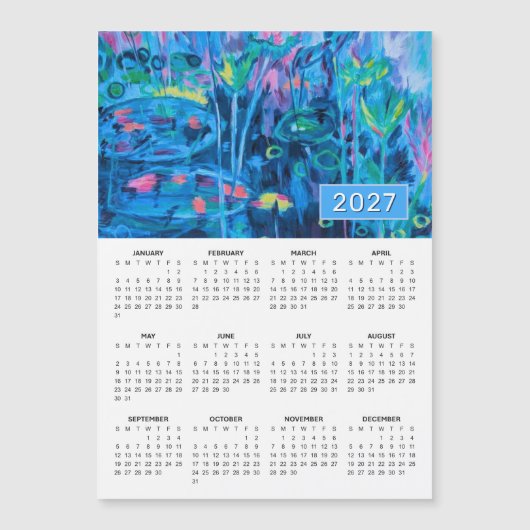 2027年 青い花の抽象画 マグネットカレンダー (正面)