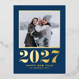 2027 レトロタイポグラフィーネイビーブルー新年フォト 箔シーズンポストカード