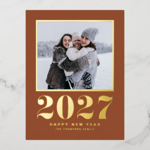 2027 レトロ タイポグラフィ テラコッタ 新年 写真 箔シーズンポストカード