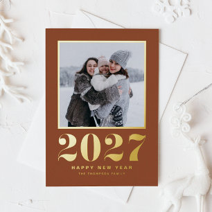 2027 レトロ タイポグラフィ テラコッタ 新年 写真 箔シーズンポストカード