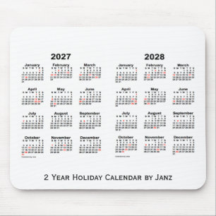 2027-2028 White 2 Year Holiday Calendar by Janz マウスパッド