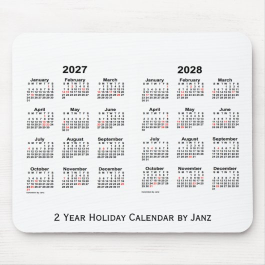 2027-2028 White 2 Year Holiday Calendar by Janz マウスパッド (正面)