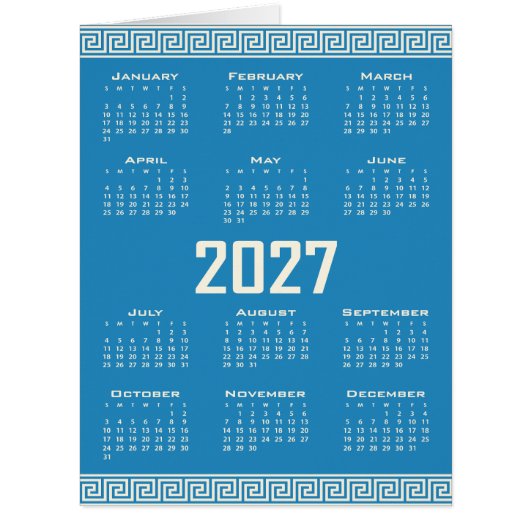 2027 Calendar, Greek Fret, Cosmic Latte on Blue (正面)