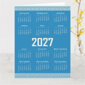 2027 Calendar, Greek Fret, Cosmic Latte on Blue カード (黄色い花)