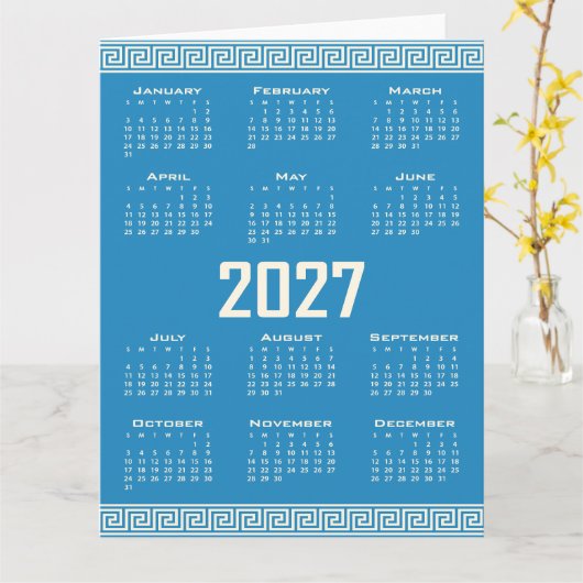 2027 Calendar, Greek Fret, Cosmic Latte on Blue カード (黄色い花)