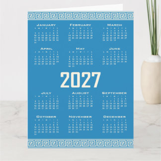 2027 Calendar, Greek Fret, Cosmic Latte on Blue カード