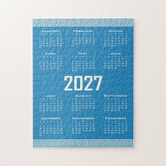 2027 Calendar, Greek Fret, Cosmic Latte on Blue ジグソーパズル (縦)
