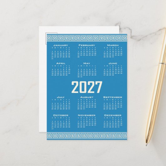 2027 Calendar, Greek Fret, Cosmic Latte on Blue ポストカード (正面/裏面インサイチュ)