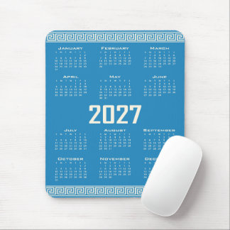 2027 Calendar, Greek Fret, Cosmic Latte on Blue マウスパッド
