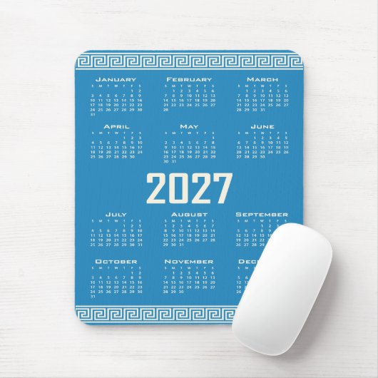 2027 Calendar, Greek Fret, Cosmic Latte on Blue マウスパッド (マウス)