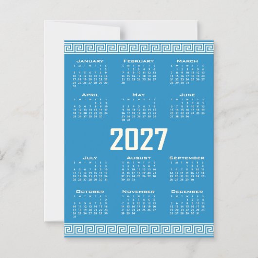 2027 Calendar, Greek Fret, Cosmic Latte on Blue マグネット招待状 (正面)