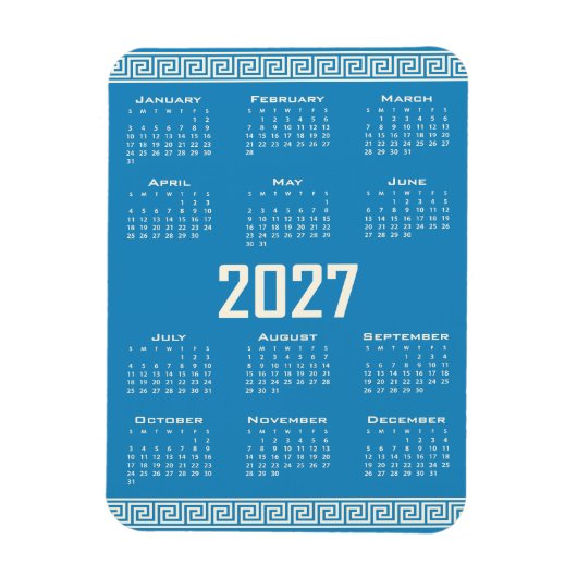 2027 Calendar, Greek Fret, Cosmic Latte on Blue マグネット (縦)