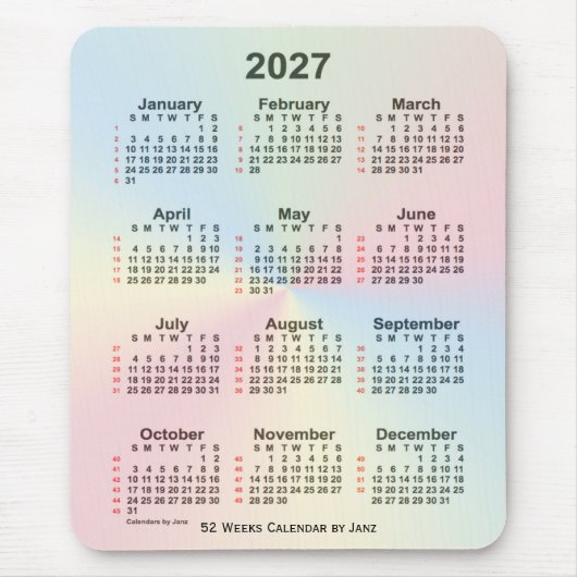 2027 Rainbow Cloud 52 Week Calendar by Janz マウスパッド (正面)