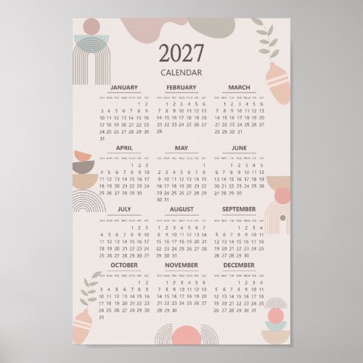 2027 Scandinavian Calendar Boho Aesthetic Beige ポスター (正面)