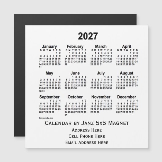 2027 White Business Calendar by Janz 5x5マグネット (正面/裏面)