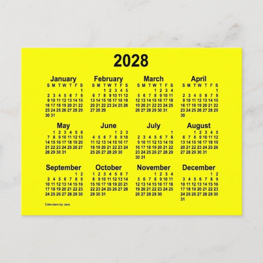 2028年 ヤンズのイエロー ミニカレンダー ポストカード (正面)
