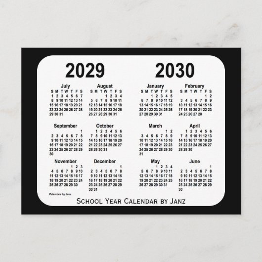 2029-2030ジャンスによる白黒の学校カレンダー ポストカード (正面)