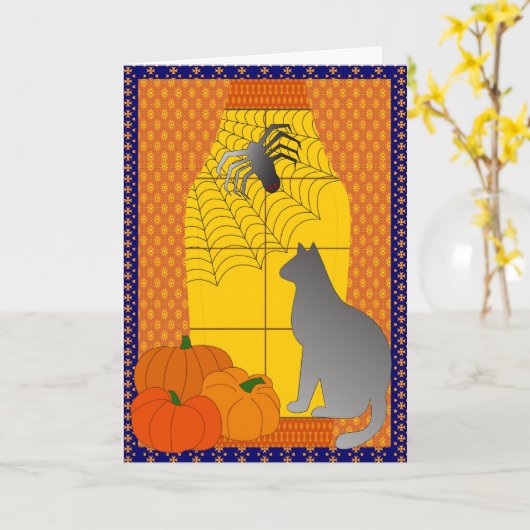 202.クモと猫 カード (黄色い花)