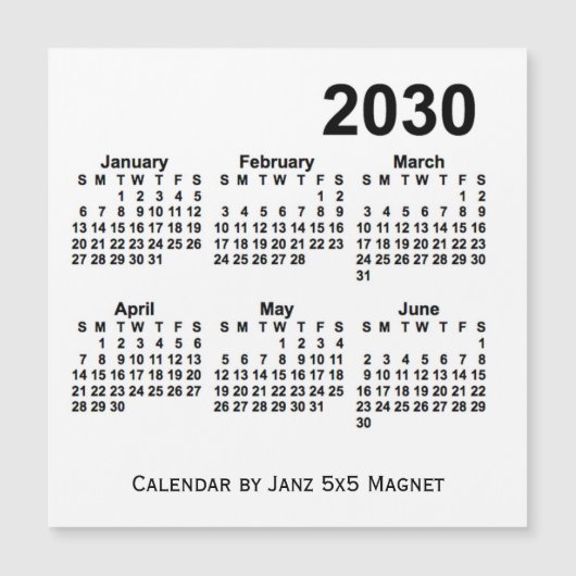 2030白6ヶ月カレンダーby Janz 5x5マグネット (正面)