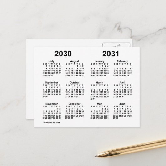 2030-2031 ホワイト学年度カレンダー(ジャン著) ポストカード (正面/裏面インサイチュ)