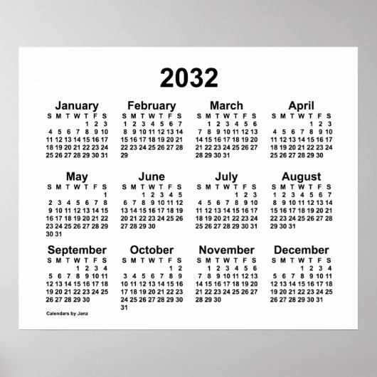 2032年ホワイトカレンダー / Janzプリント ポスター (正面)