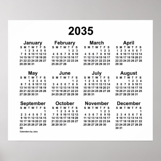 2035年 ホワイト カレンダー(Janz Print) ポスター (正面)
