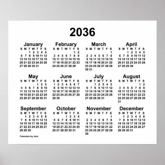 2036年 ホワイト カレンダー（Janz Print） ポスター (正面)