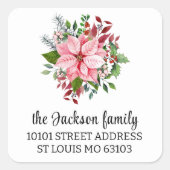 20 エレガントなピンクのポインセチア 返信住所ラベルシール スクエアシール (正面)