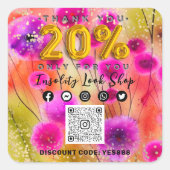 20%オフ感謝していQRCODEロゴ割引ピンクのフローラ金ゴールド スクエアシール (正面)