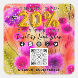 20%オフ感謝していQRCODEロゴ割引ピンクのフローラ金ゴールド スクエアシール