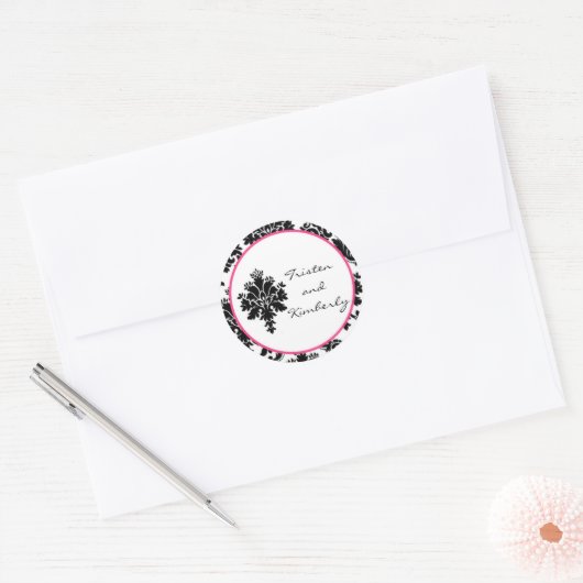 20 - 1.5インチお気に入りステッカーブラックホットピンクダマスク ラウンドシール (封筒)