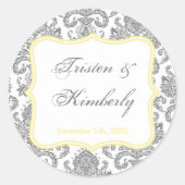 20 - 1.5インチお気に入りステッカー灰色の黄色のダマスクレース ラウンドシール (正面)