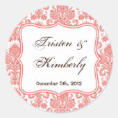 20 - 1.5インチお気に入りステッカー珊瑚色ホワイトダマスクレース ラウンドシール (正面)