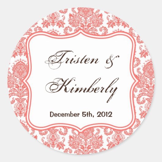 20 - 1.5インチお気に入りステッカー珊瑚色ホワイトダマスクレース ラウンドシール (正面)