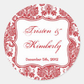 20 - 1.5インチお気に入りステッカー赤いホワイトダマスクレース ラウンドシール (正面)