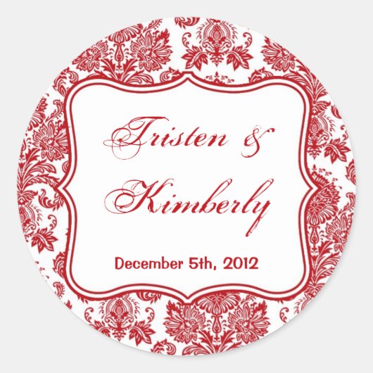 20 - 1.5インチお気に入りステッカー赤いホワイトダマスクレース ラウンドシール (正面)