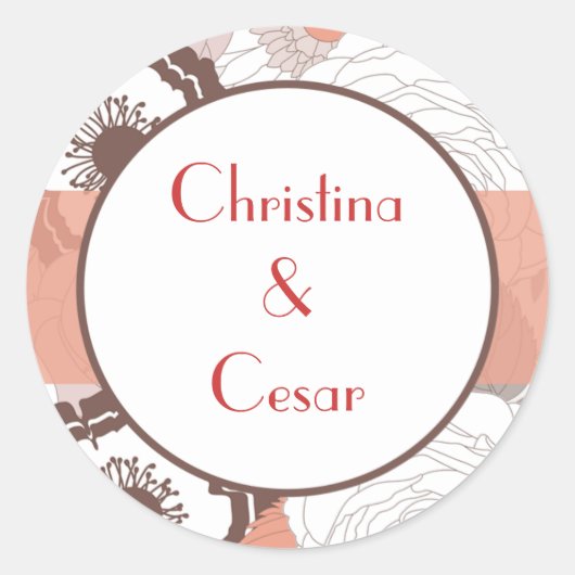 20 - 1.5"お気に入りステッカーCoral Pink BrownフローラF ラウンドシール (正面)