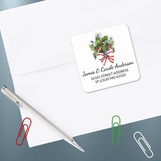 20 Cute Holly & Red Berries Return Address Sticker スクエアシール