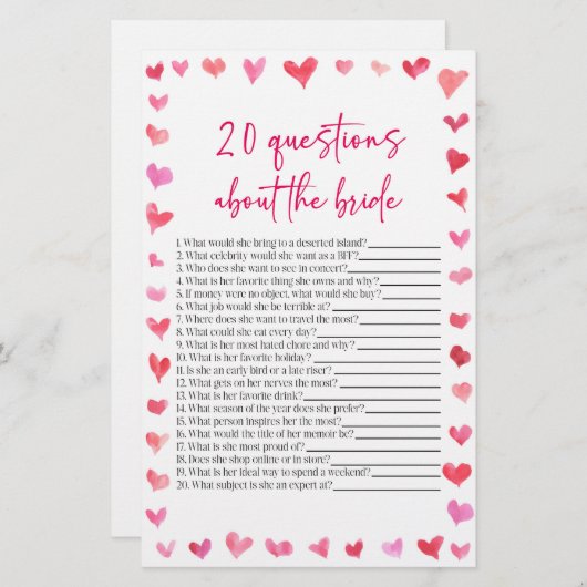 20 Questions About The Bride Bridal Shower Game  便箋 (正面/裏面)