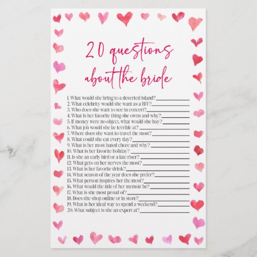 20 Questions About The Bride Bridal Shower Game  便箋 (正面)